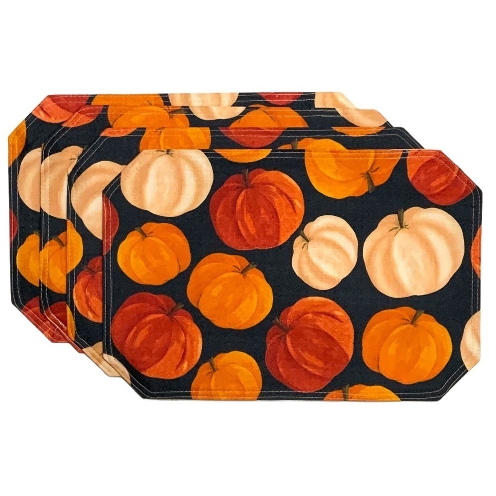 Pumpkin Linen Print Fabric Placemats Fall Autumn Halloween Thanksgiving Set of 4